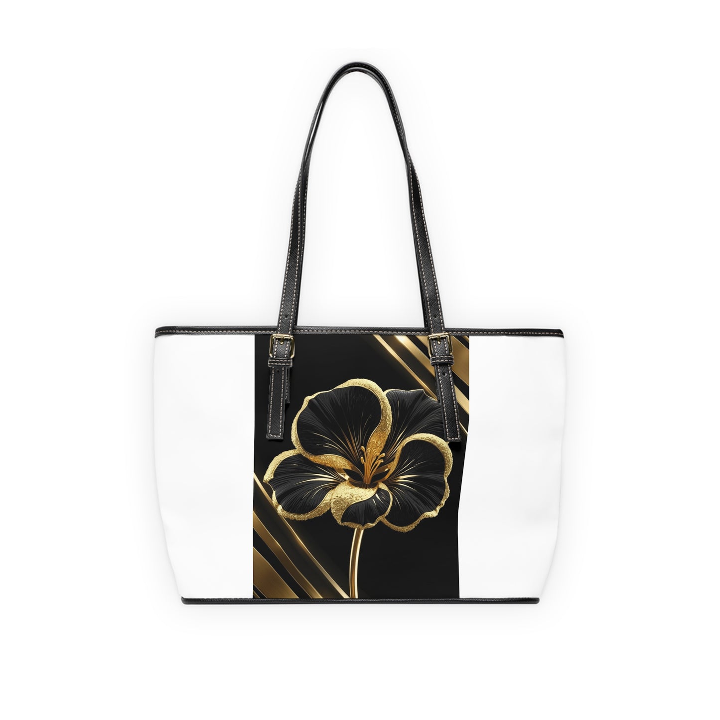Shoulder Bag - Elegant Floral PU Leather Black and Gold Tote