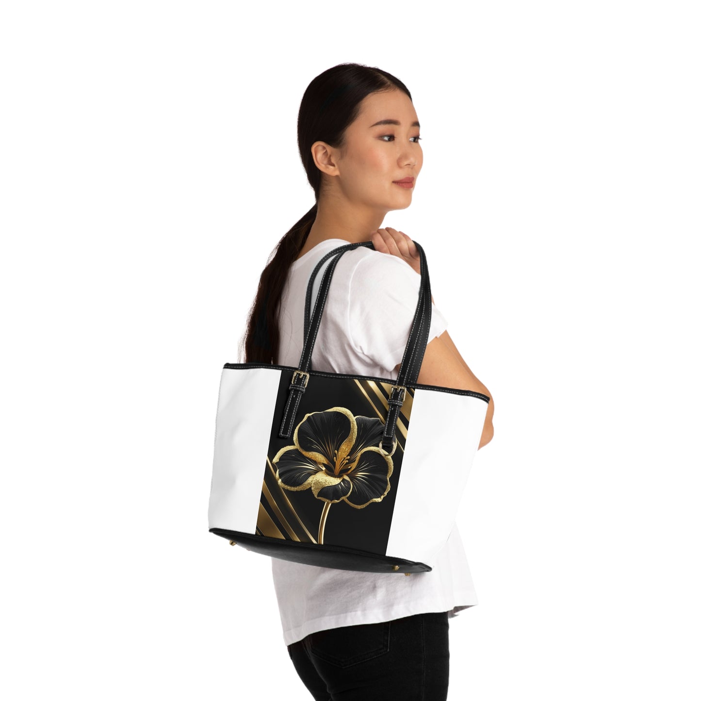 Shoulder Bag - Elegant Floral PU Leather Black and Gold Tote