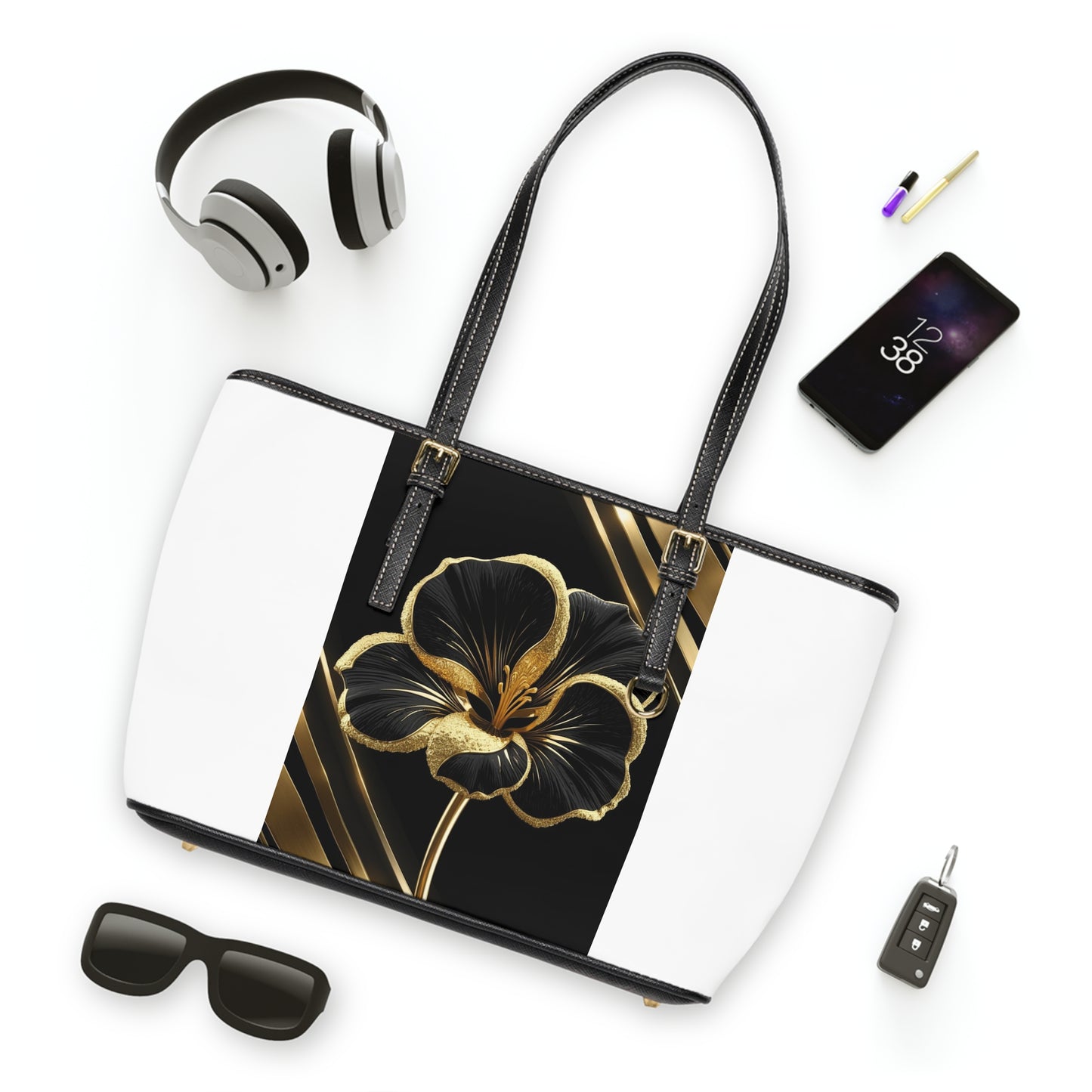 Shoulder Bag - Elegant Floral PU Leather Black and Gold Tote