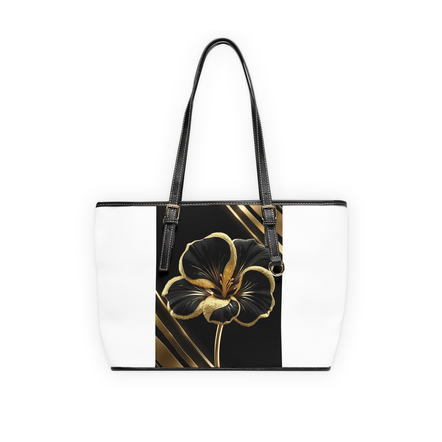 Shoulder Bag - Elegant Floral PU Leather Black and Gold Tote