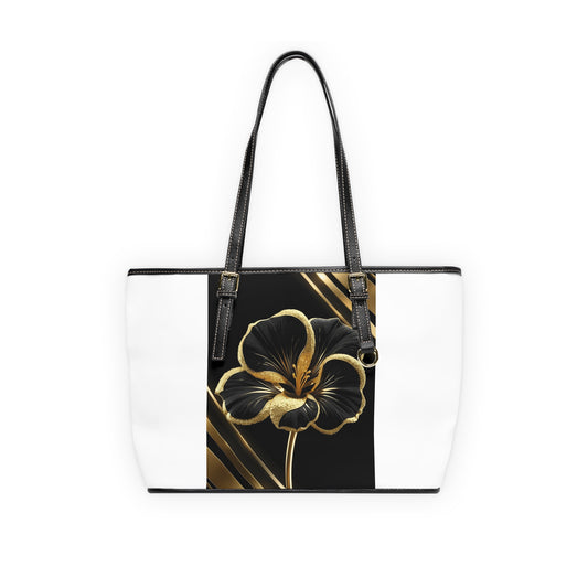 Shoulder Bag - Elegant Floral PU Leather Black and Gold Tote